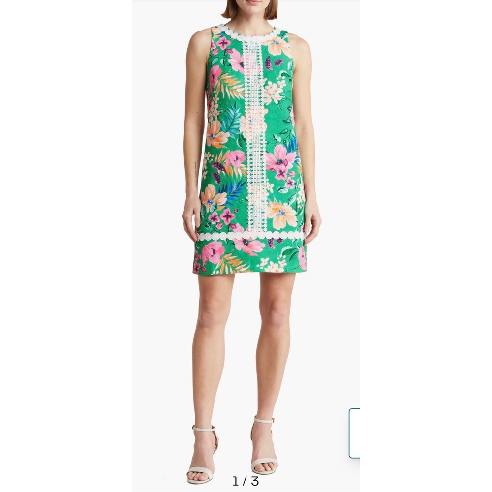 New Eliza J Green Retro Tropical Floral Shift Dress White Crochet Lace Trim Sz 6